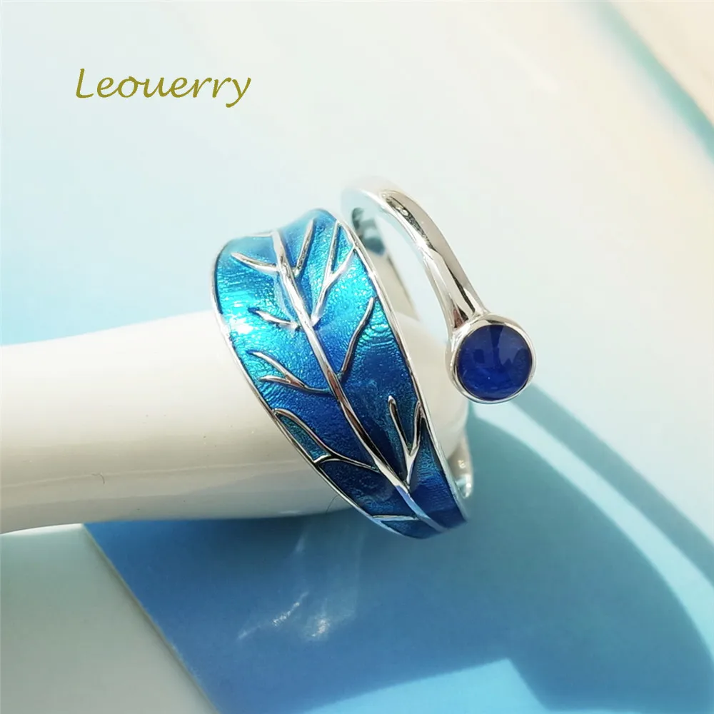 Leouerry 925 пробы серебро Blue Drop глазури дерева кольца с листьями оригинальной