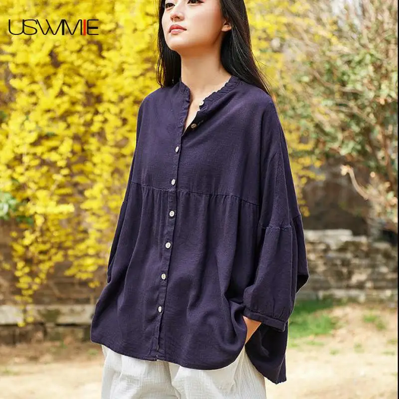 

2020 Autumn Women Blouses Linen National Style Nine Quarter Lantern Sleeve Solid Color Shirt Irregular Hem Loose Plus Size Women