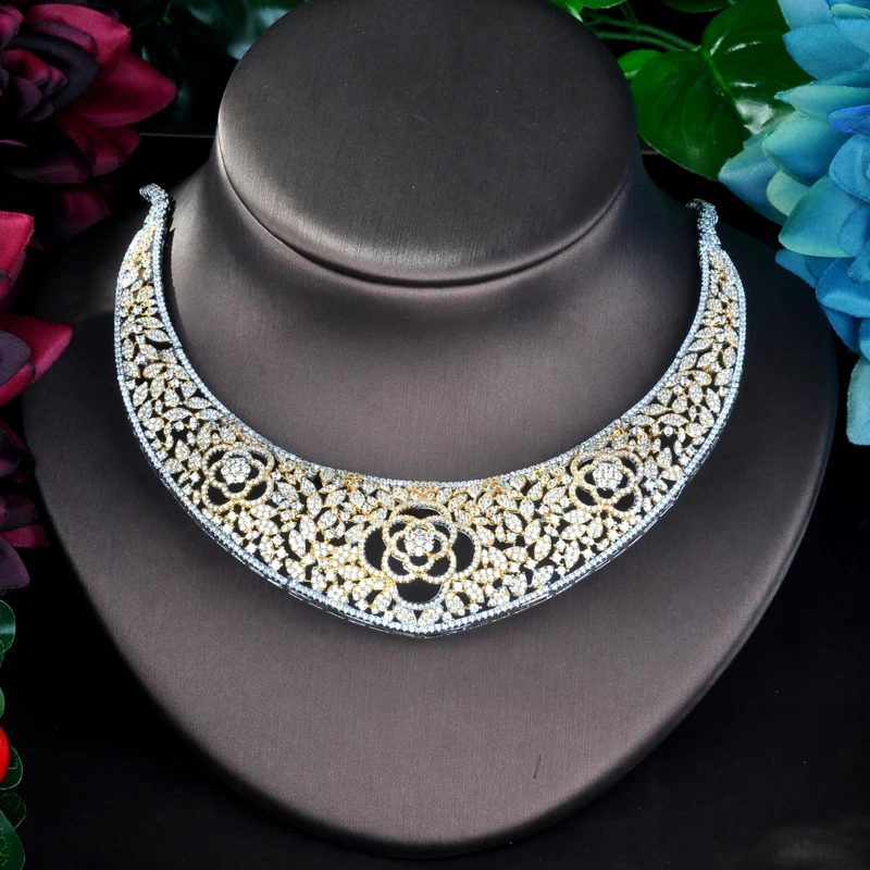 ????? HIBRIDE 最新デザイン 4 本フルマイクロキュービックジルコニア女性ウェディングドレスチョーカーネックレスイヤリングジュエリーセットウェディング N-862