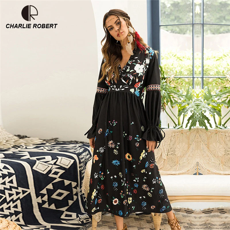 

CR Bohemian Winter Dress Women V Neck Sexy Long Dress 2018 Autumn Lantern Sleeve Party Dress Full Sleeve maxi dress