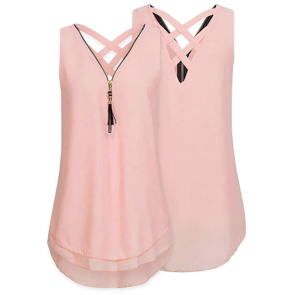 Loneyshow Zipper Cross Chiffon Shirt 2018 Sexy Women Summer Office Style Sleeveless Patchwork V-Neck |