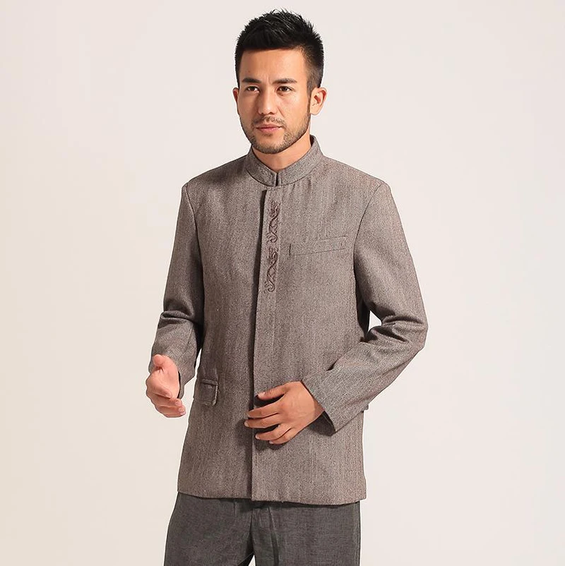 Высокое качество темно-серый мужской китайский костюм туника топ зимняя Толстая