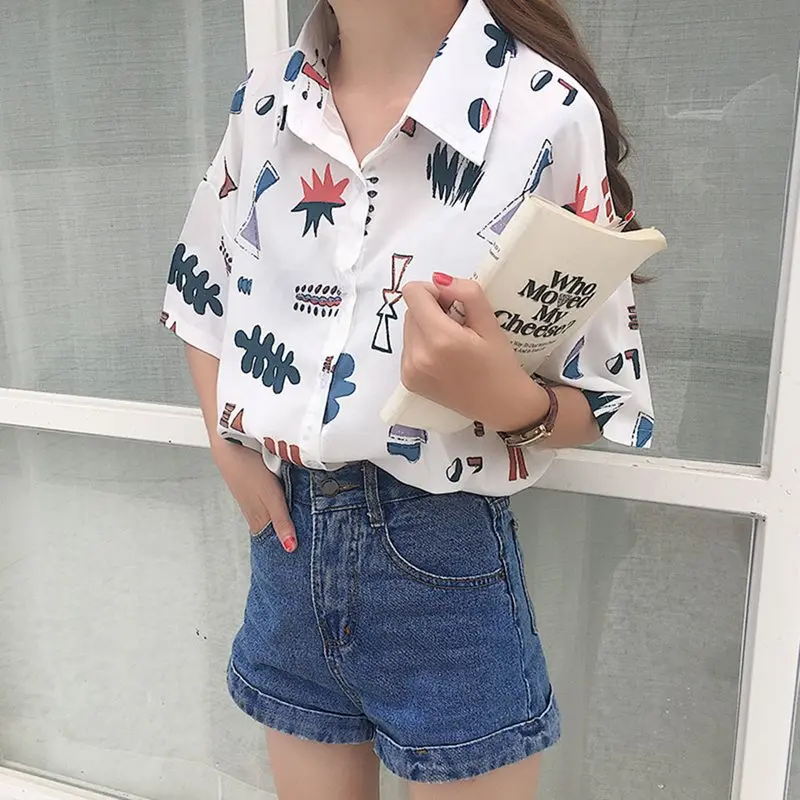 Harajuku White Shirt Women Korean Street Blouses Chic Print Summer Tops School Girl Loose Plus Size Office Ladies Casual Shirts |