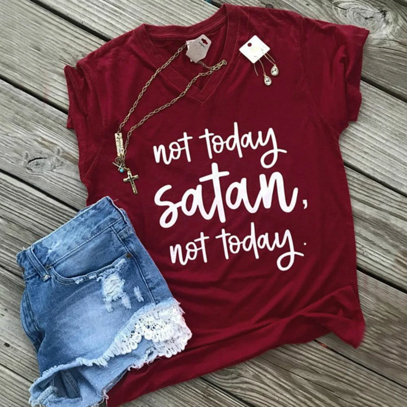 

Fashion Short Sleeve T Shirts Women Not Today Satan Letter Print V-Neck T-Shirt Female Summer Casual Burgundy Ladies Tops Tees