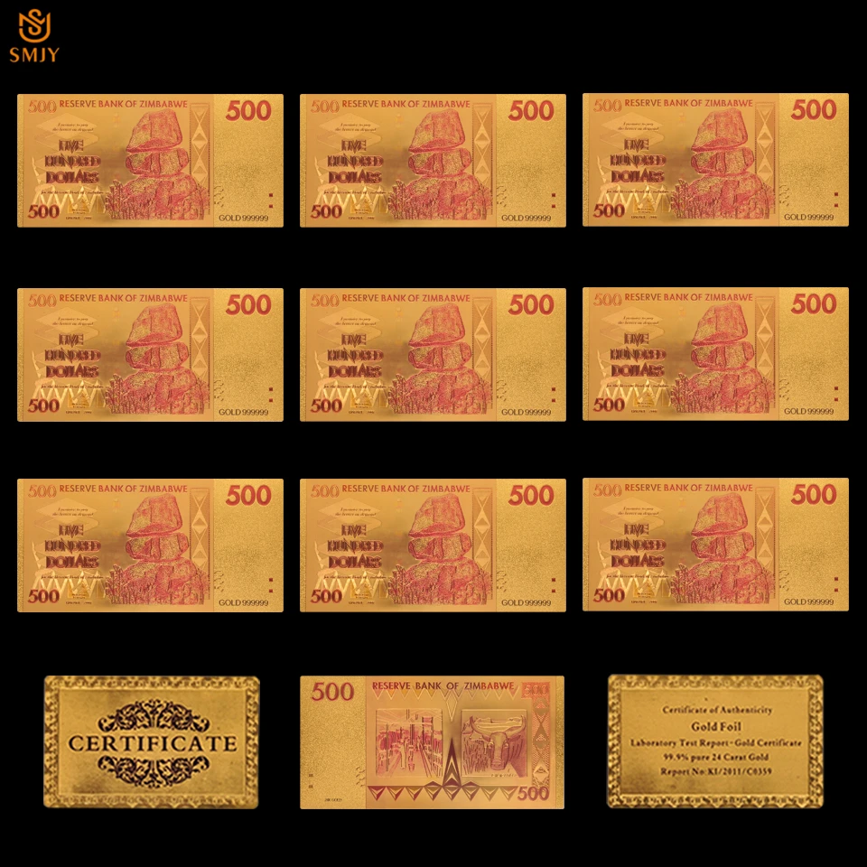 10PCS/Lot Zimbabwe Currency Paper 500 Dollar Money in 24k Gold Plated Banknote Collections And Holiday Gifts | Дом и сад