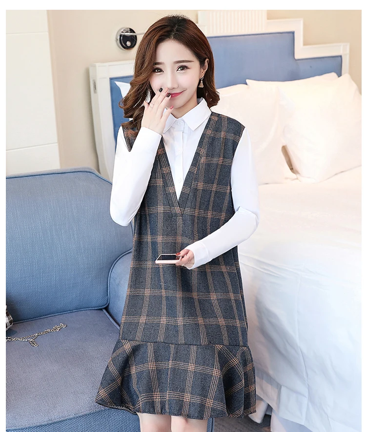 Maternity wear spring plaid stitching shirt collar loose fashion maternity dress women dress Long sleeve Cotton Pregnant Dress
