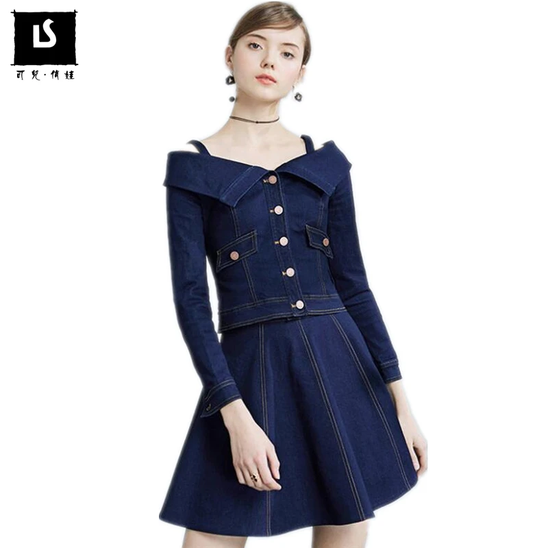 

2020 Spring Autumn Fashion Denim Dress Women Vintage Denim dress Two-Piece Sexy Slash Neck Jeans Dresses Casual Dress Vestidos