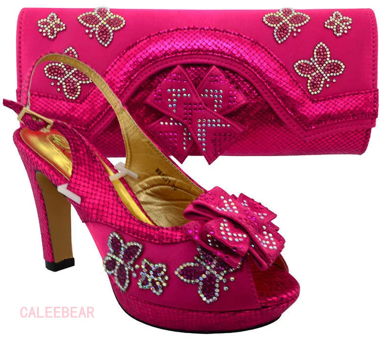 Мода фуксия Цвет итальянская женская обувь и сумочка в комплекте украшенные