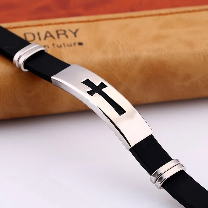 

JUJIE Cross Bracelet For Men Women Black Silicone Bracelets Korean Stainless Steel New Fashion Bracelets Feminina Braccial