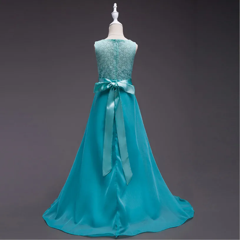 Бирюзовое кружевное шифоновое платье с цветами для девочек длинное без рукавов