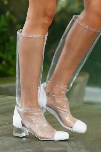 

2018 New Women Fashion PVC Transparent Black White Square Toe Knee High Med Heels Comfortable Cheap Long Boots Big Size 43