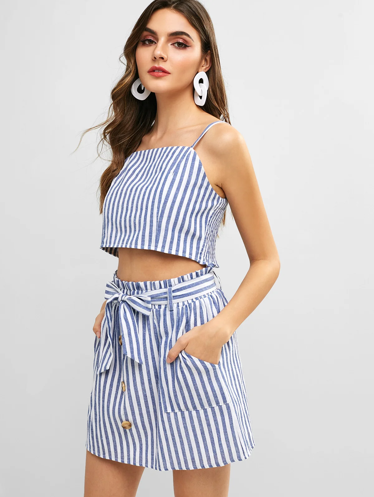 ZAFUL Полосатый топ льянной и комплект юбок с поясом A силует Бретельки Crop Top Женщины