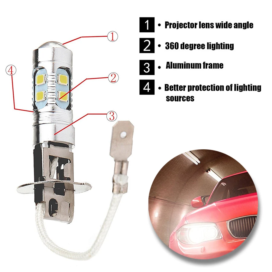 

2Pc White H3 6000k 6000LM 10 SMD LED Fog Driving Signal Light Lamps High Power