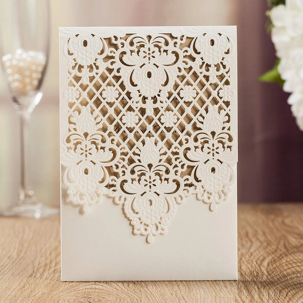 

WISHMADE Ivory Laser Cut Invites Cards with Floral Vertical Wedding Invitations for Birthday Engagement Bridal Shower 100pcs/lot