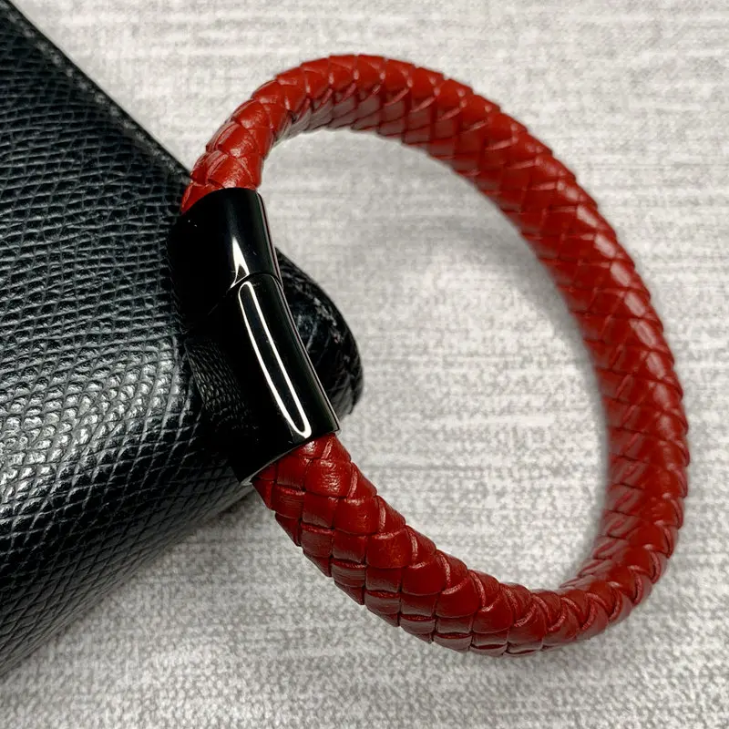 Винтажные мужские ювелирные изделия красный плетеный кожаный браслет черный