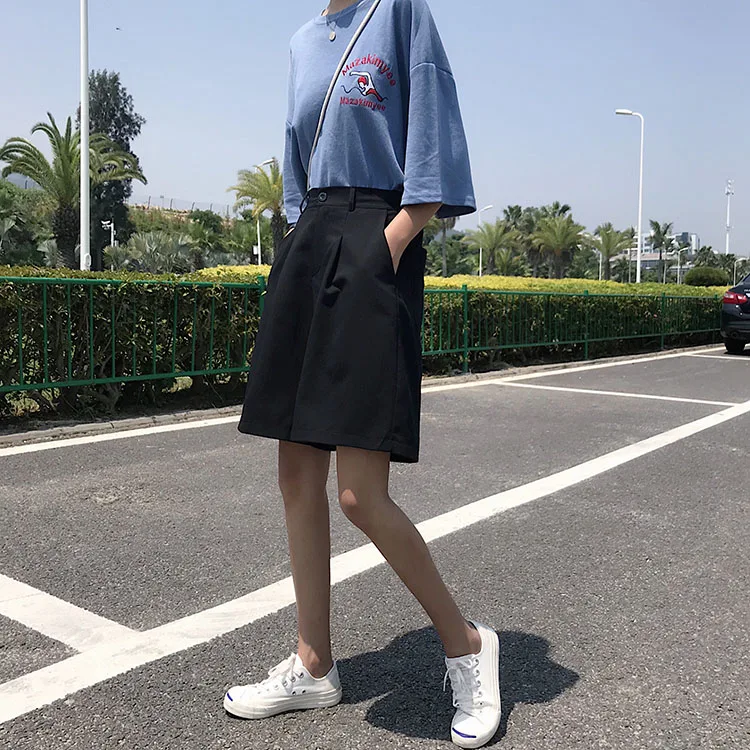 Knee Length Shorts Women Summer Solid Color Elegant Leisure Loose Shorts Trendy Classic Wide Leg Chic Korean Ladies Pockets