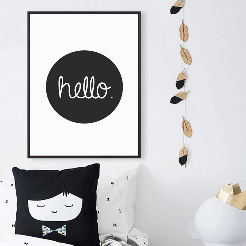Современный мультфильм Hello черный белый домашний декор Детская комната холст
