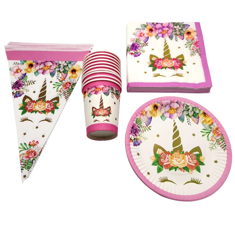 

70PCS Flower Unicorn Theme Happy Birthday Party Plates Decorate Cups Napkins Baby Shower Banner Flags Girls Favors Tableware Set