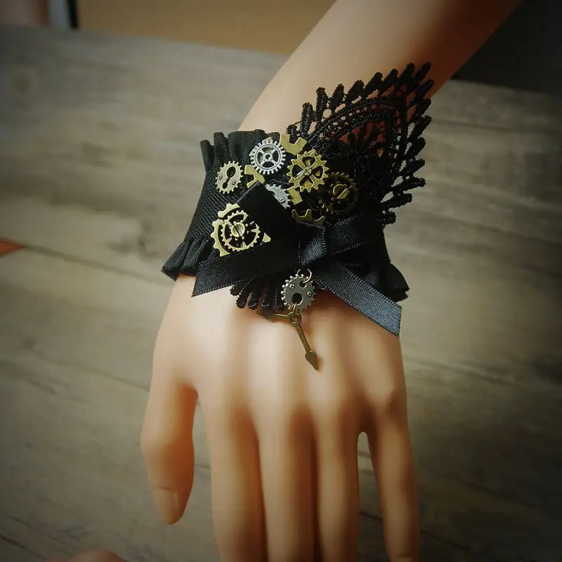 Уникальный стимпанк Gear черный кружевной Ретро готический браслет с бантами для