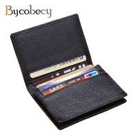 bycobecy genuine leather business id credit card holder cowhide big capacity name card case slim mini change purse