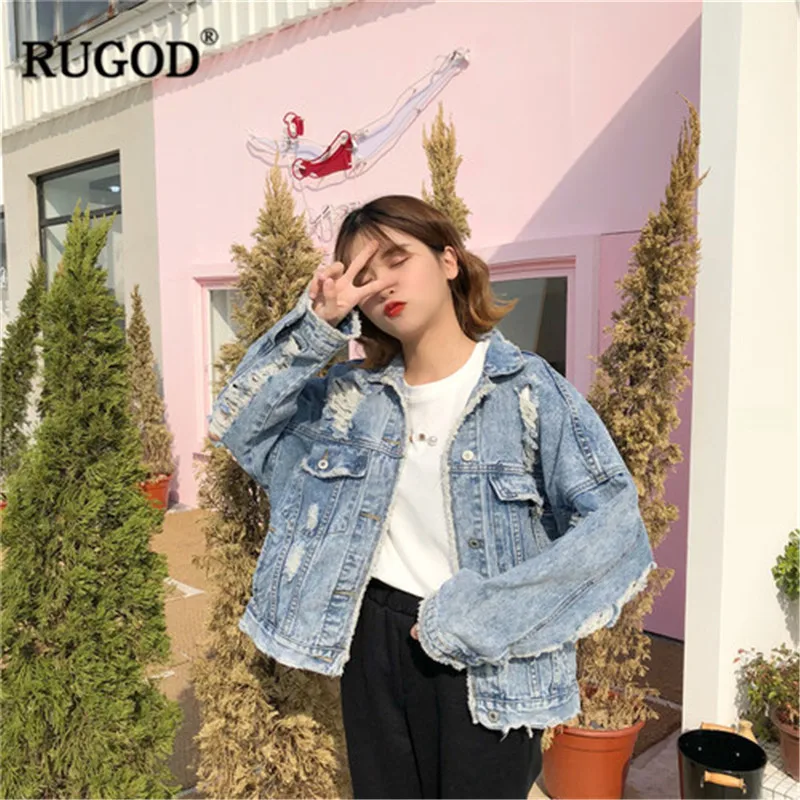 Женская джинсовая куртка RUGOD Классическая Свободная Повседневная рваная с