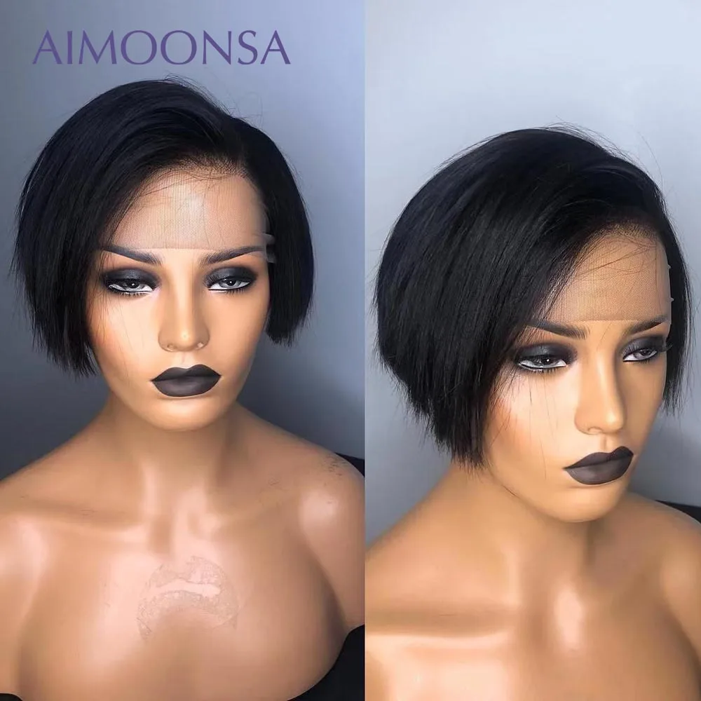 13x6 613 короткий Боб человеческие волосы парики Pixie Cut Кружева передние для черных
