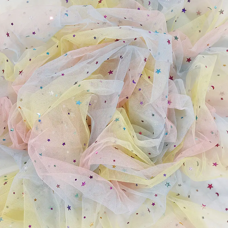 Star-Light-pink Радужная блестящая мягкая фатиновая сетчатая ткань, лоскутный материал, звездная луна, шифоновая ткань с принтом для шитья, сделай сам, кукольная ткань, ткань для изготовления - Цвет: Star-Light-pink