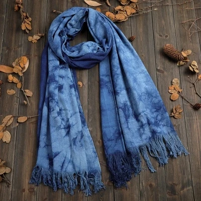 

LinenAll handmade tie-dyed Soybean fiber scarf Original design plant dye Blue dye gift long big vintage scarf for male female