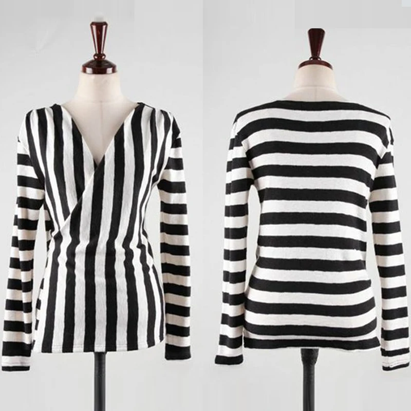 Женская Базовая Блузка в полоску с высокой талией черная белая перекрестным