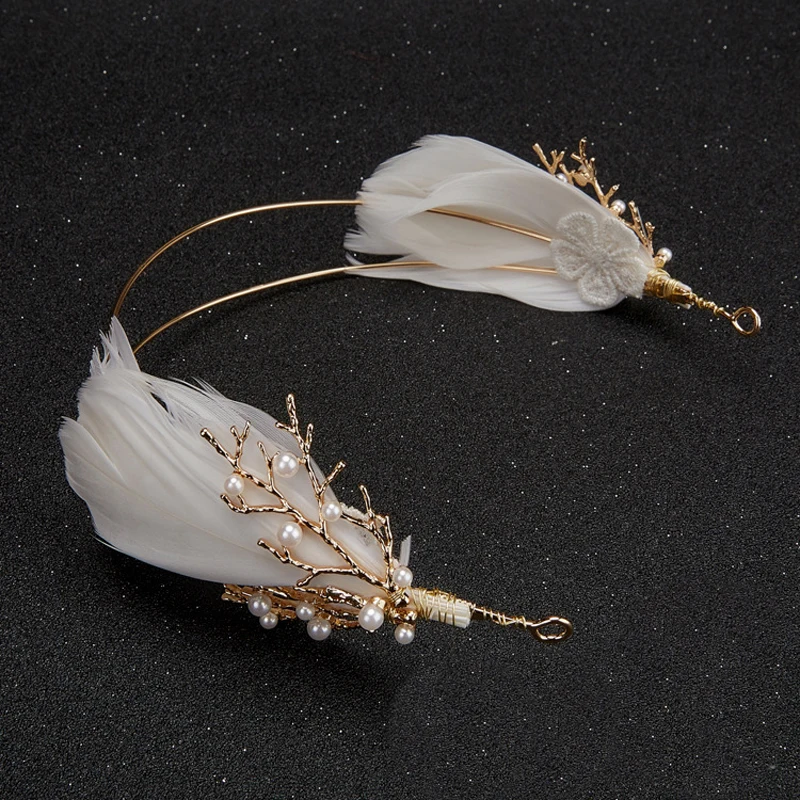 

Gold Vintage Baroque Headband Branch Wedding Feather Headpiece Bridal Hair Jewelry Hairbands Pearl Tiara Women Boho Accessories