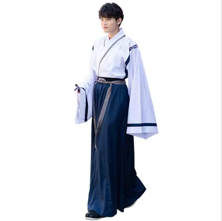 Мужской традиционный костюм Hanfu винтажный белого цвета с темно-синими полосками
