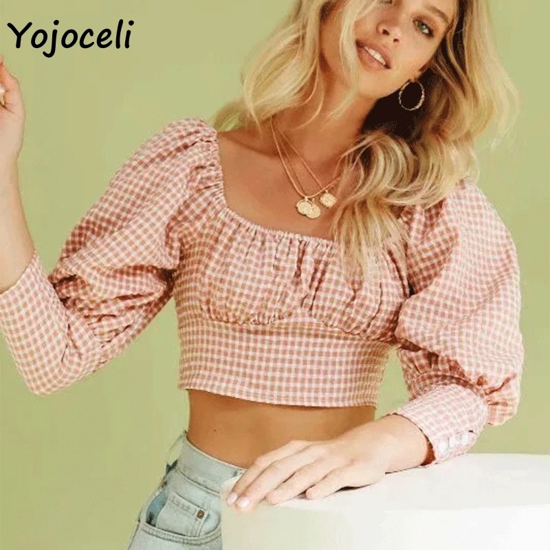 Рубашка Yojoceli в клетку с квадратным вырезом винтажные Короткие топы уличная