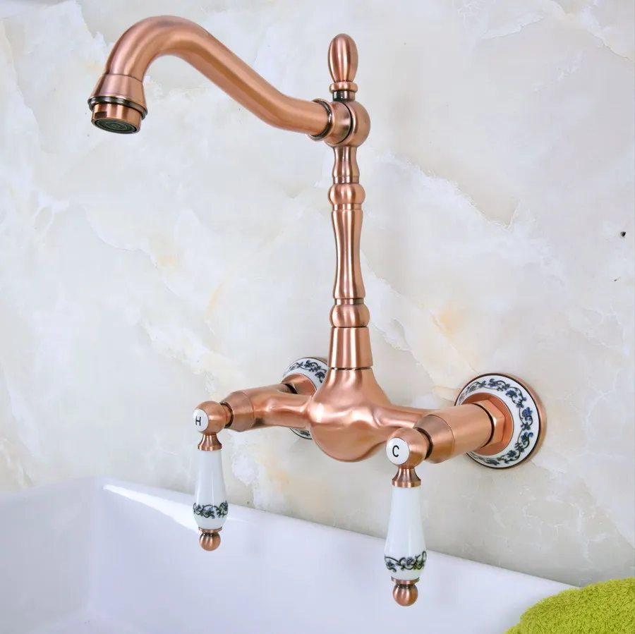 

Antique Red Copper Brass Bathroom Kitchen Sink Faucet Mixer Tap Swivel Spout Wall Mounted Dual Ceramic Levers & Base mnf953