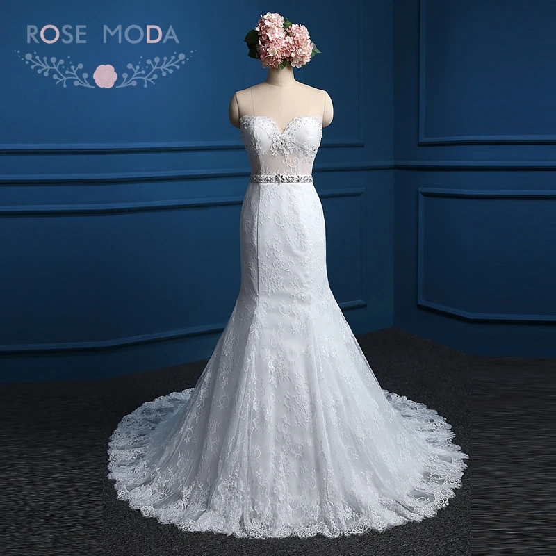

Rose Moda Mermaid Wedding Dress with Crystal Sash Lace Wedding Dresses 2019 Plus Size Real Photos