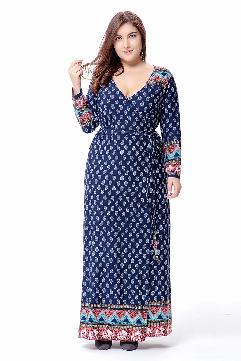 XL 6XL плюс Размеры платье Для женщин Boho Макси с запахом цветочным принтом