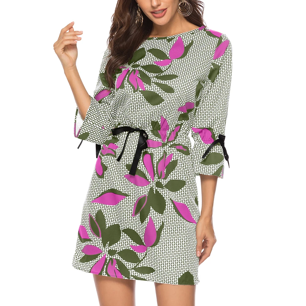 AVODOVAMA M New Spring Summer Long Sleeve Women Dress Fashion Casual O-Neck Sashes Print Straight Mini Dresses | Женская одежда