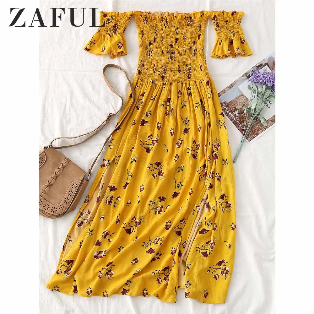 ZAFUL Платье миди с открытыми плечами цветочным принтом Повседневные сладкие