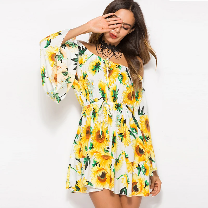 Лето Boho пляж цветочные Сексуальная Мини женское платье с открытыми плечами