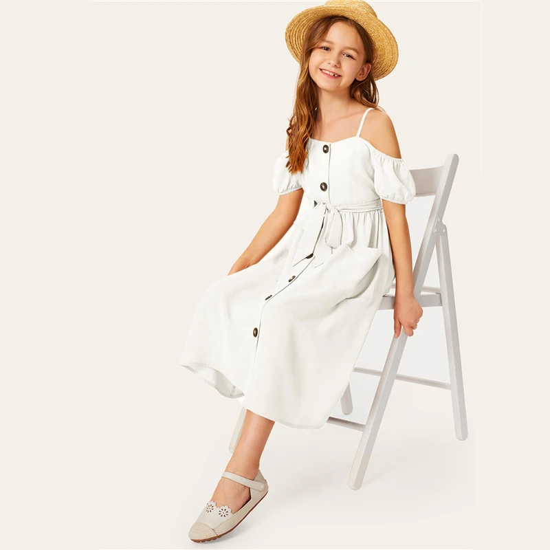 SHEIN/детское однотонное платье для девочек с открытыми плечами и одной пуговицей спереди, с поясом, платье в стиле бохо,, летние платья миди с короткими рукавами для отдыха