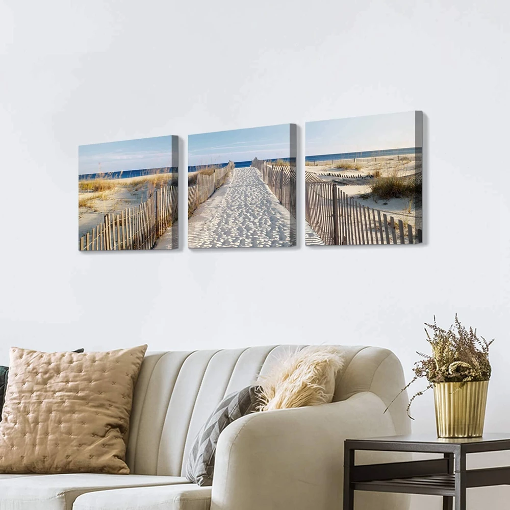 

Triptych Coastal Picture Seascape Artwork Canvas Prints Beach Fence Path Poster Painting for Home Decorations Drop Shipping