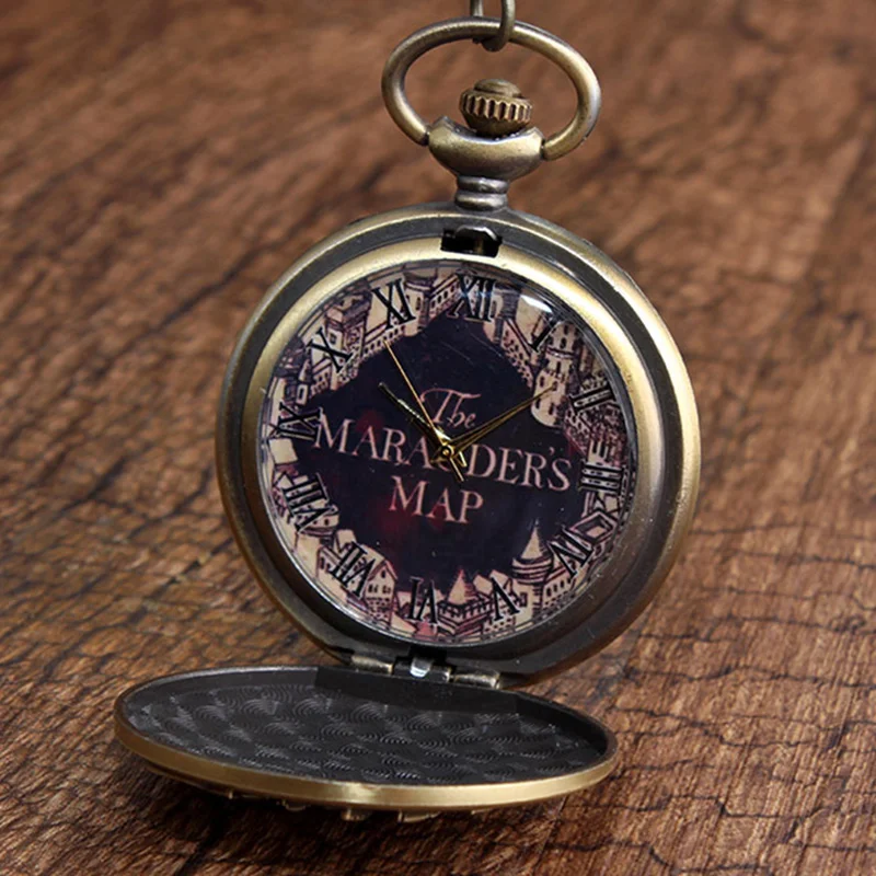 

Retro The Marauders Map Bronze Pocket Watches Vintage Sculpture College Building Pattern Quartz Pocket Watch FOB Necklace Chain