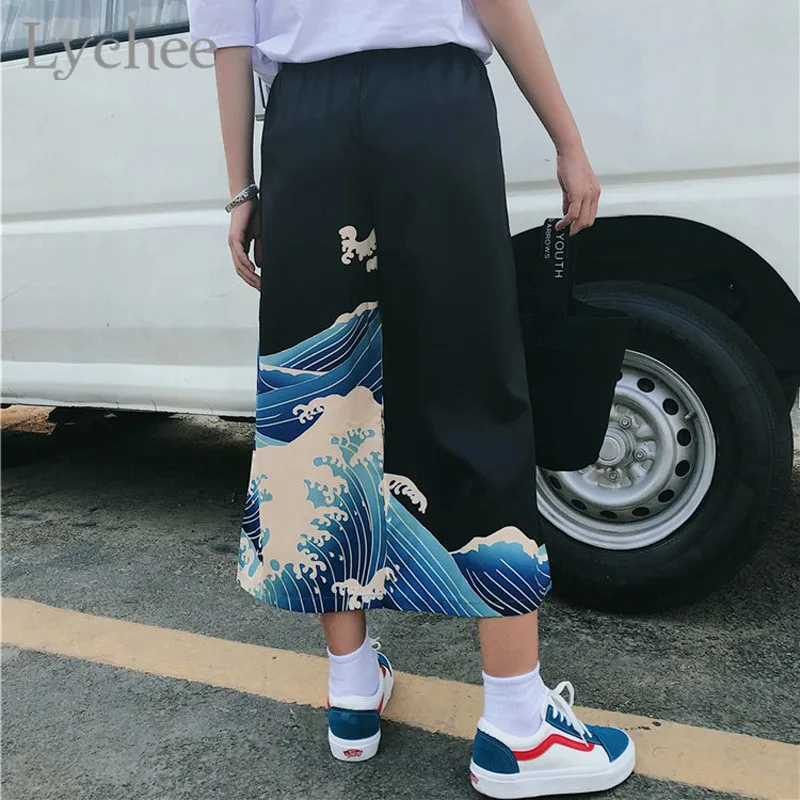 Lychee японский стиль Ukiyo-e Волна печати женские широкие брюки высокая эластичная талия свободные летние женские брюки