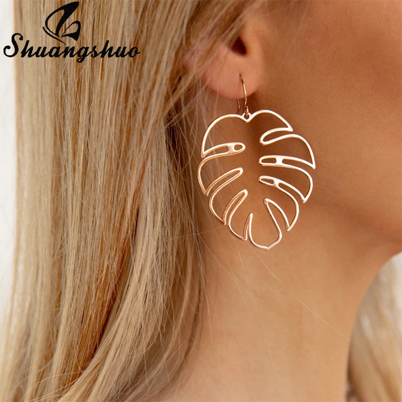 Shuangshuo Bohemian Hollow Monstera Leaf Stud Earrings For Women Piercing Jewelry Christmas Gifts pendientes | Украшения и