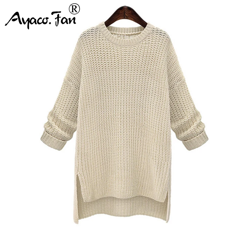 2019 Winter Midi Long Thick Sweaters for Women New Irregular O-Neck Cute Solid Knitted Pullovers Girls Lady Casual Split Sweater | Женская