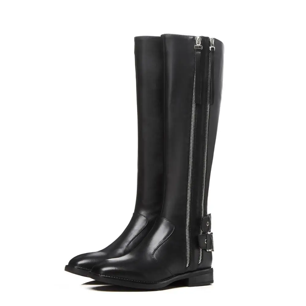 black mid-calf Krazing Pot/натуральная кожа, на молнии, с украшением в виде пряжки зимние сапоги с круглым носком на низком каблуке; туфли в роскошном европейском стиле красивые сапоги для верховой езды, L15 - Цвет: black mid-calf