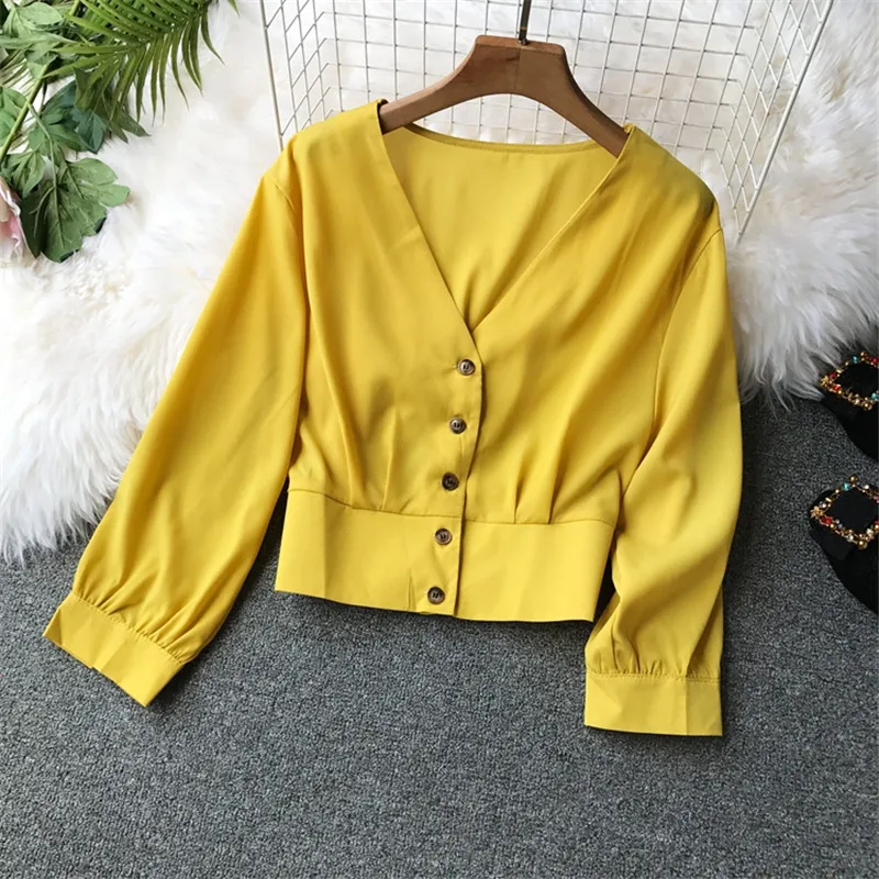 yellow Neploe, сексуальная однотонная женская блузка с v-образным вырезом,, весна-лето, новые тонкие рубашки на пуговицах, короткие, с рюшами, изящные, модные женские блузы 69476 - Цвет: yellow