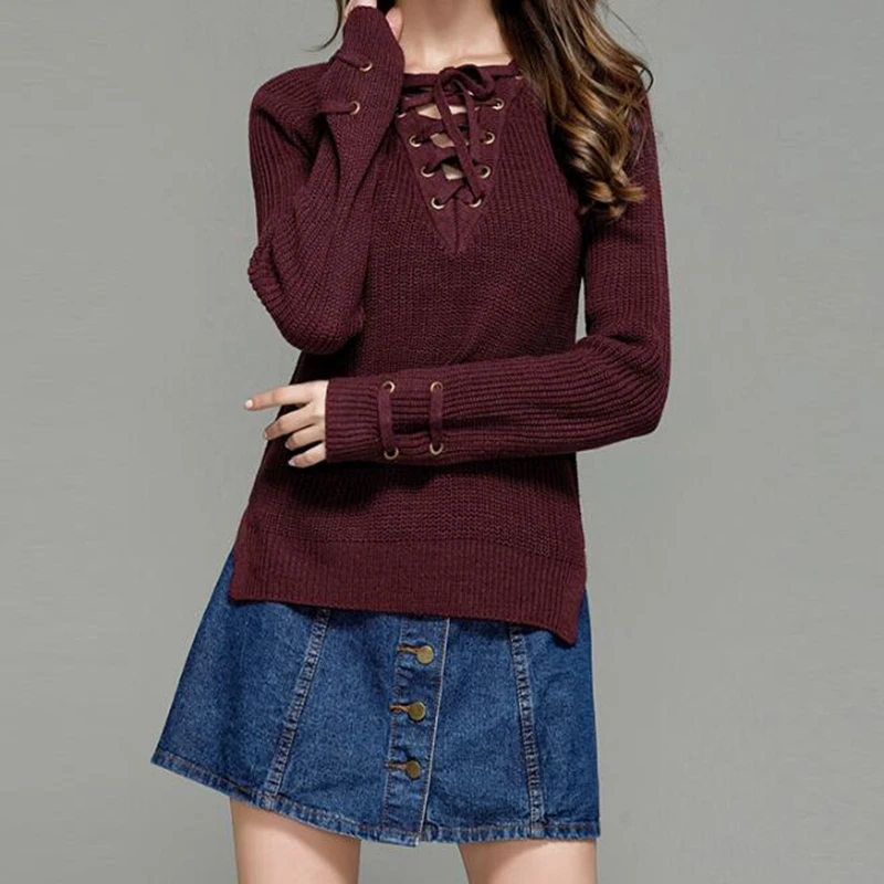 

CHSDCSI Winter Sweater Women Tops Casual Hollow Out New Womens V-Neck Knitting Pullover Fashion Lace Up Autumn Pull Femme Tops