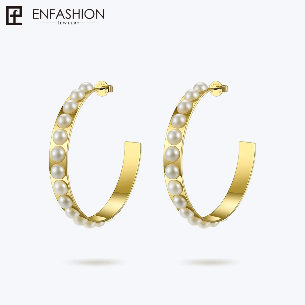 Enfashion, большие жемчужные серьги-кольца для женщин, ювелирные изделия из нержавеющей стали, круглые серьги-обручи, круглые серьги Orecchini Cerchio 181061 - Окраска металла: Gold color
