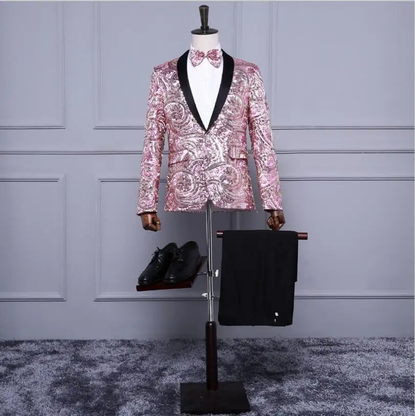

New Pink Gold Sequins Suit Men Fashion Paillette Wedding Groom Suits Nightclub Bar Blazer Dj Singer Stage Costumes Formal Dress