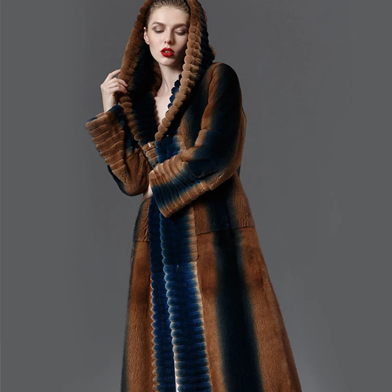 LVCHI Winter 2019 Mink Fur Coats Women's Hat Long Sleeve Coat Full Pelt Ruffles Neck Real Natural Fur X-Long Causal Mink Coats